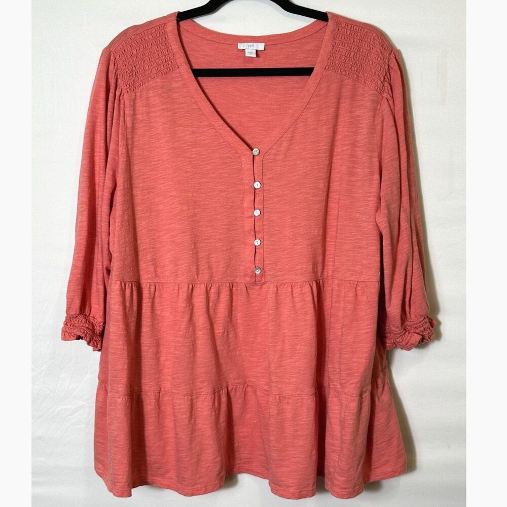 J.Jill Tunic Top Size 2X Tiered Terracotta Henley Pullover Cotton Tencel Modal